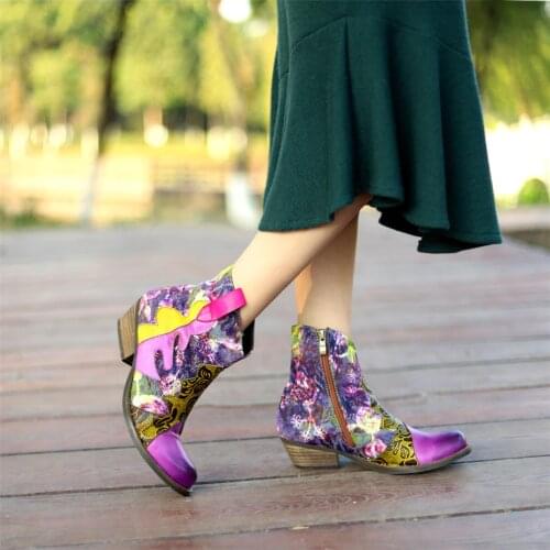 Classic Print Belt Ladies High-End Ankle Boots For Woman 2020 New Vintage Casual Genuine Leather Embroidery Womens Western Boot