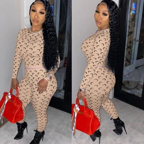 Cute graphic printing o neck long sleeve crop top and tight pants 2 piece set sexy tight club party high street outfits