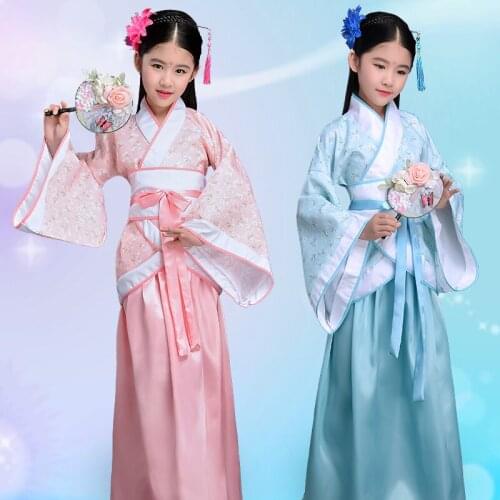 Girls Hanfu Costume Chinese Traditional Kids Clothing Ancient Princess Long Robe Chinese Folk Dance Performance Wear DQL1856