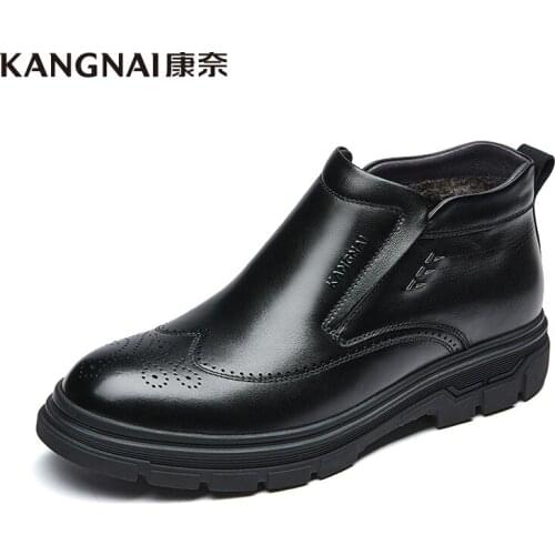KANGNAI Men Leather Boots British Brogue Business Formal Ankle Boots Comfortable Female Short Plush Winter Warm Shoes