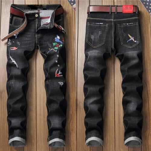 Men’s high quality birds embroidery denim pants light luxury street fashion jeans slimming ripped&scratches jeans pants