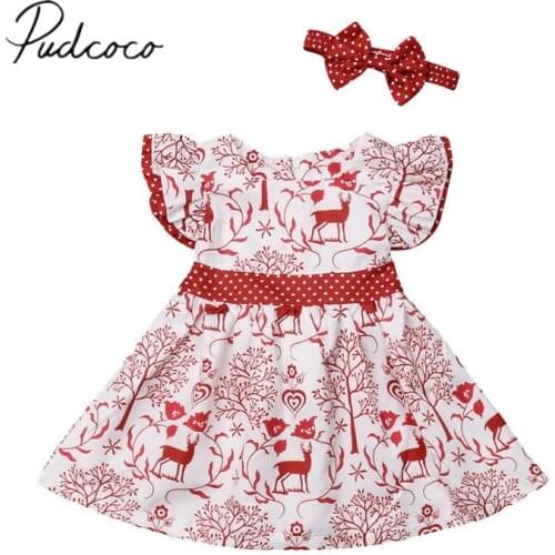 2018 Brand New Christmas Toddler Kids Baby Girls Santa Deers Dress Headband Petal Sleeve Bowknot Knee-Length A-Line Dress 0-3Y