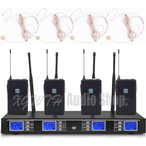 Professional 4 Channel UHF Wireless Microphone System 4 Headset Mic Bodypack 1 Wireless LCD Display Receiver for Karaoke DJ Mics
