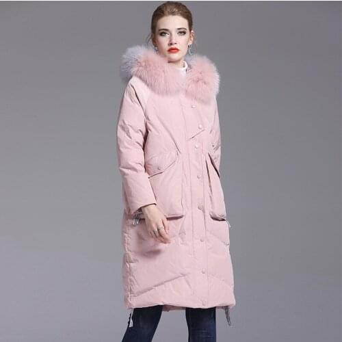 Winter new down jacket womens fashion temperament large wool collar Korean loose and thickened coat medium length 375