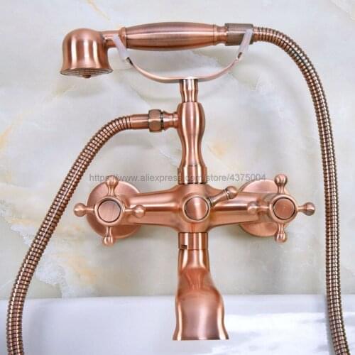 Bathroom Antique Red Copper Clawfoot Bathtub Faucet Deck Mounted Double Handle Tub Faucet With Handheld Showers Nna339