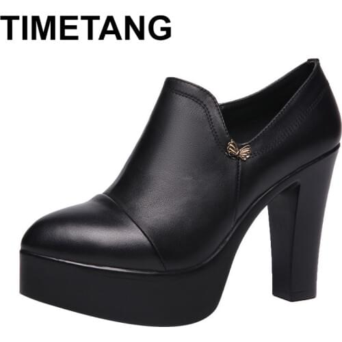 TIMETANGDeep Mouth Block Heels Pumps Women Platform Shoes 2019 Split Leather Pointed Toe High Heels Woman Office ShoeBlack E1241