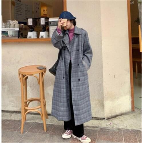 Vintage Plaid Thicken Windbreaker for Women Korean Casual Hit Color Long Sleeve Oversized X-Long Jacket Female All-match Winter