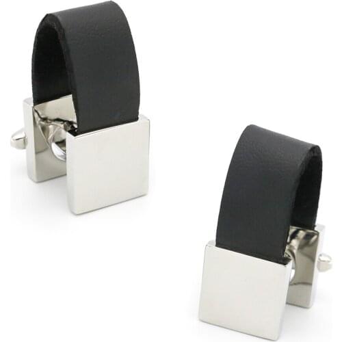 Mens Leather Chain Cuff Links Copper Material Black Color