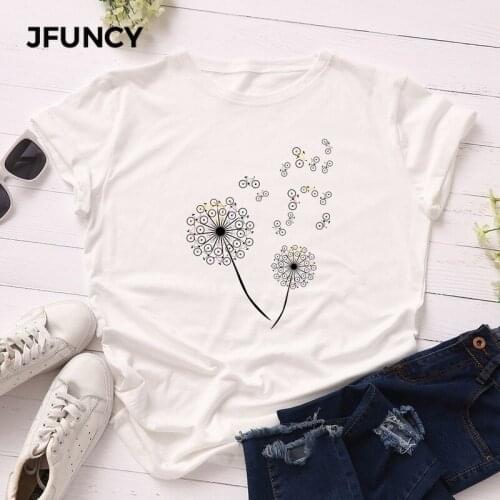 JFUNCY Summer Plus Size T-shirt Women Cotton Short Sleeve Shirts Creative Bike Dandelion Harajuku Print Female Tees Woman Tops