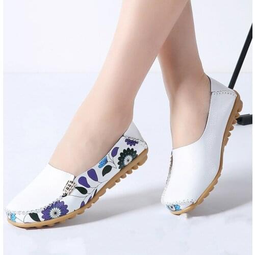 Dropshipping 2018 Autumn Women Flats Genuine Leather Shoes Slip on Ballet Flats Women Flats Print Woman Shoes Moccasins Loafers