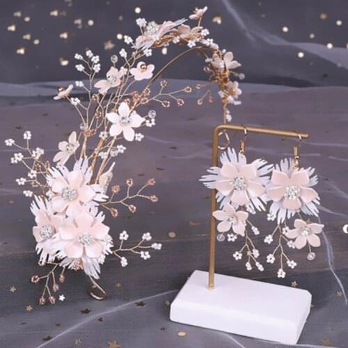 FORSEVEN New Pink Women Girl Bridal Bride Wedding Headwear Set Crystal Beads Hairband Long Tassels Flower Dangle Earrings