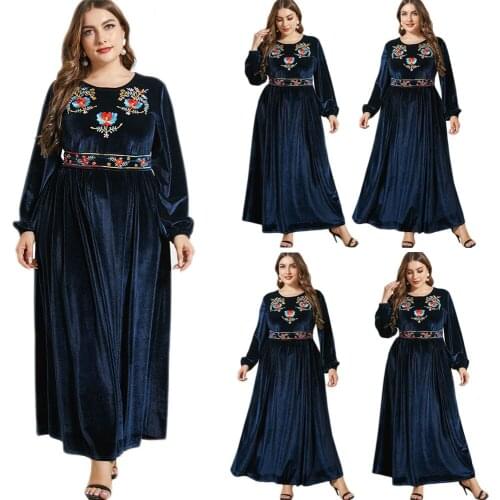 Ramadan Muslim Women Embroidery Long Dress O-neck Islamic Clothing Arab Abaya Velvet Maxi Robe Gown Dubai Kaftan Loose Plus Size