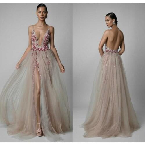 High Side Split Prom Dresses A Line Deep V Neck Appliques Sweep Train Evening Dress Custom Made Designer Formal Occasion Gowns