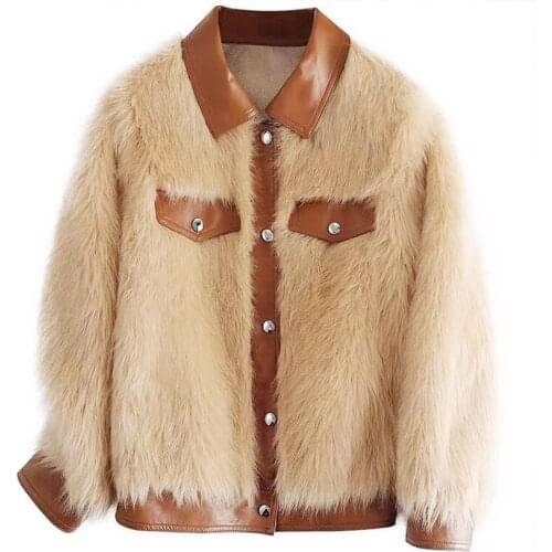 Winter Womens Wool Coat Sheep Sheared Fur Lapel Long-Sleeved Single-Breasted Fur Girl Warm Coat Fashionable Temperament Casual