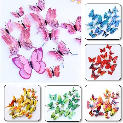 New Style 12Pcs Double Layer 3D Butterfly Wall Sticker On The Wall Home Decor Butterflies For Decor Cute Magnet Fridge Stickers