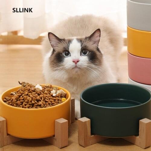 Pet Ceramic Bowl with Bamboo Stand Cat Bowl Dog Bowl Pet Drinking Bowl Food Container Cat and Dog Feeding Supplies