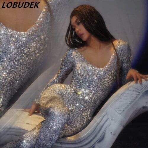 V-neck Silver Rhinestones Jumpsuit Lady Birthday Celebrate Outfit Sexy Fashion Stage DJ Singer Dancer Costume Crystals Jumpsuits