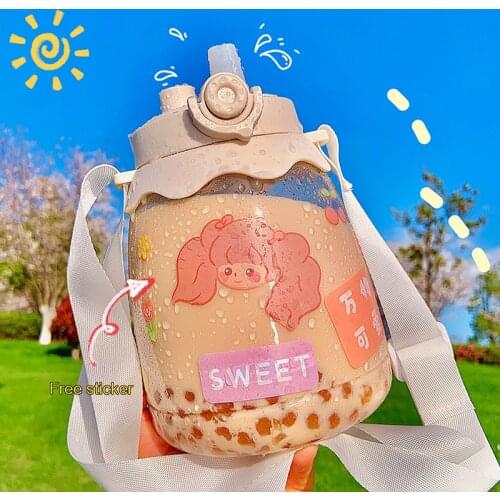 Cute Plastic Water Bottle With Straw and Strap Summer Travel Sport Large Capacity Double Straw Drinking Bottle for Girl BPA Free