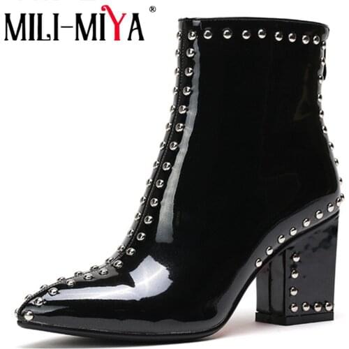 MILI-MIYA Patent Leather Women Ankle Boots Waterproof Spring/Autumn Solid Zip Plus Size 34-42 Pointed Toe Square Heels Handmade