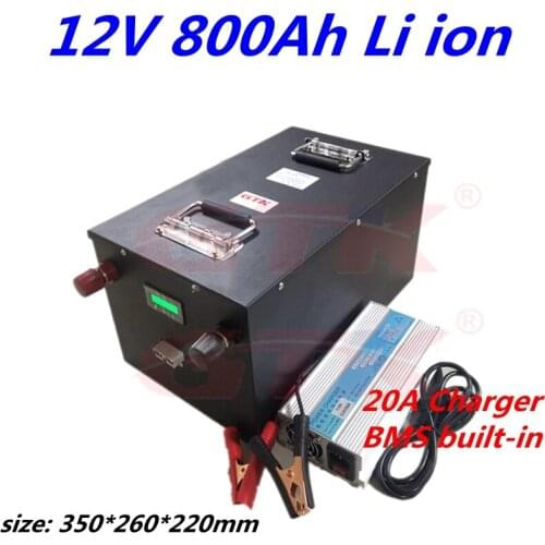 Powerful 12V 800Ah lithium ion battery pack built-in BMS for RV solar system Steamer Machine motorhome +20A charger
