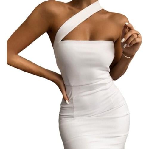 2021 Fall Ladies Dress Sexy Club Solid Color Halter One Shoulder Nightclub Skinny Mini Sun Dress Party Vestidos