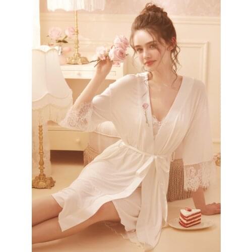 Rose Tree Free Shipping 2021 New Womens Thin Robe Slip Two Pieces Set Sleepwear Lace Nightgown Princess White Modal Nightshirt