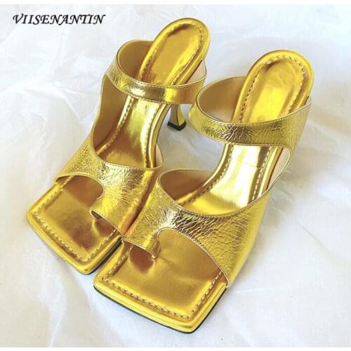 2020 New Sandals Female Personality Clip Toe Square Head Leather High-heeled Sandals Womens One Side Fine Heel Casual Slippers