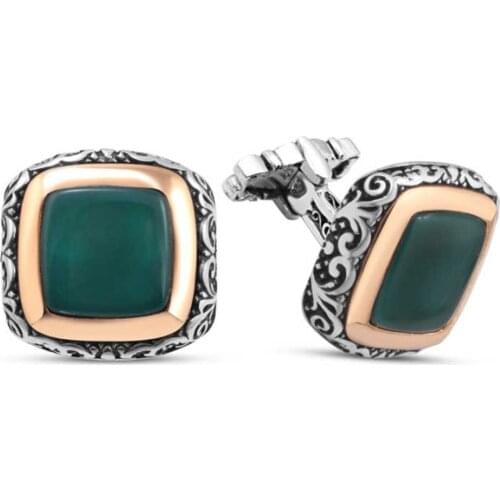 Silver Green Agate Stone Cufflinks