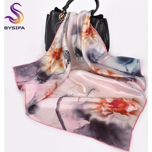 [BYSIFA] Autumn Women Silk Scarf Shawl Bufanda Mujer Fashion Luxury Grey Pink Lotus Square Scarves Hijabs Laides Neck Head Scarf
