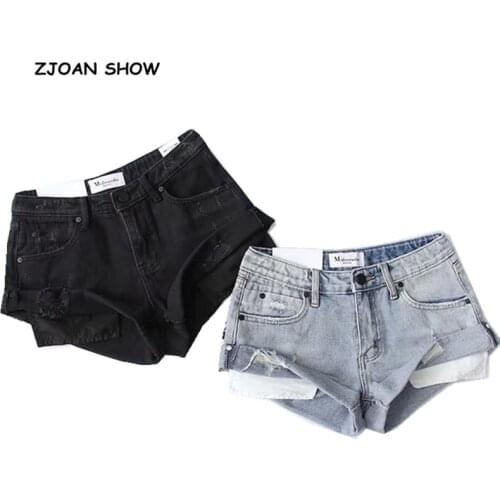 2 color Hight Street High Waist Roll Up Cuffs Short Denim Shorts Ripped Denim Short Pants Sexy Summer Wide Leg Short Jeans Women