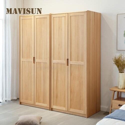 Nordic Modern Minimalist Solid Wood Two-Door Four-Door Overall Wardrobe Storage Wardrobe For Clothes Assembly Bedroom Furniture