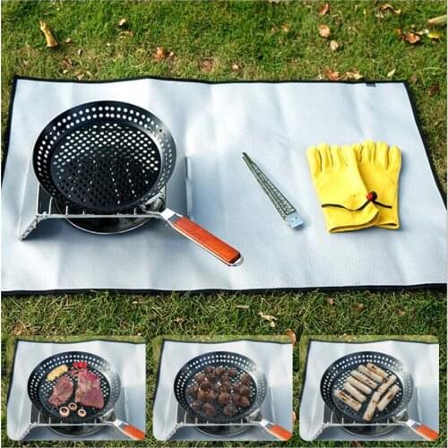 1Pc Outdoor Camping Foldable Round Frying Pan Picnic BBQ Heat Resistant Steak Grilled Skillet