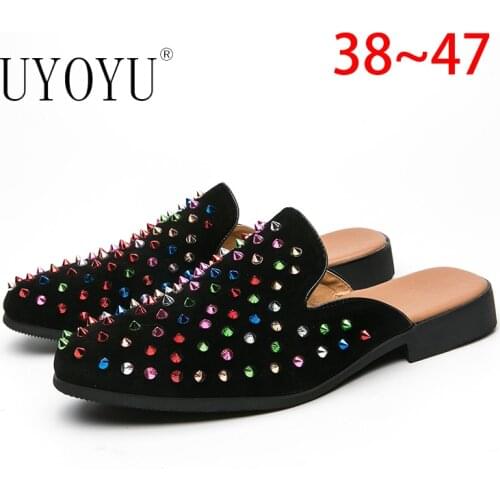 Fashion Men Half Loafers Genuine Leather Rivet Slippers Breathable Man Outdoor Mules Lightweight Drag Shoes Buckle Casual Shoes