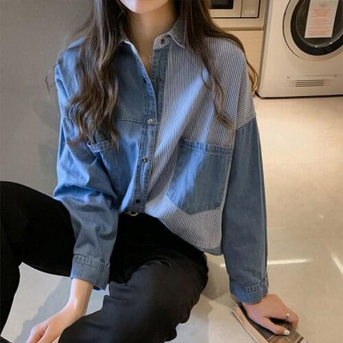 Plus Size Women Fashion Loose Harajuku Mid-Length Denim Shirt 2021 New Spring Korean Vintage Long-Sleeved Jeans Coat Female A693