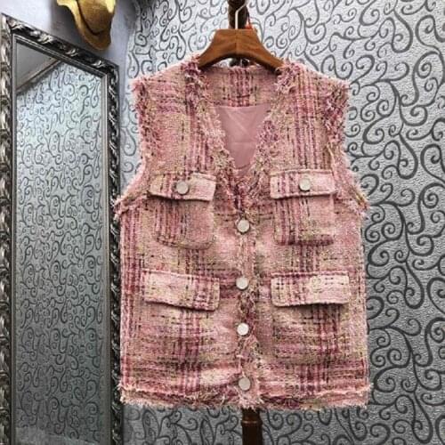 Tassel Wool Jackets 2021 Autumn Winter Vest Jacket High Quality Women V-Neck Chest Pocket Deco Sleeveless Casual Pink Vest Coat