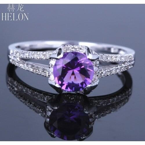 HELON Solid 14k White Gold AU585 Round 6mm Genuine Natural Amethyst Diamond Engagement Ring Women Wedding Gemstone Fine Jewelry