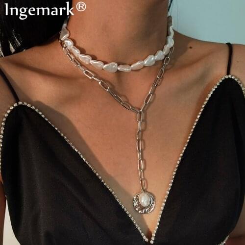 Goth White Baroque Pearl Choker Necklace Collar Statement Multilayer Irregular Coin Pendant Long Chain Necklace Women Jewelry