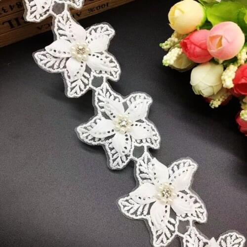 1Yard Vintage Flower Pearl Lace Trim Rhinestone Applique Trimmings Ribbon Fabric Embroidered Wedding Dress Sewing DIY Craft