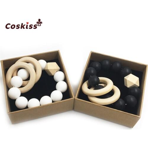 2pcs Baby Teether Nursing Bracelet Food Grade Silicone Beads Wooden Rings Teether Nature Safe Organic Infant Bangle Teether Toys