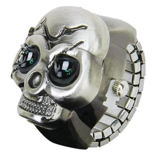Bronze Flip-Up Skull Cover Finger Ring Watch Stretchy Watchband for Unisex--Battery Included, Ideal for Skull Lover