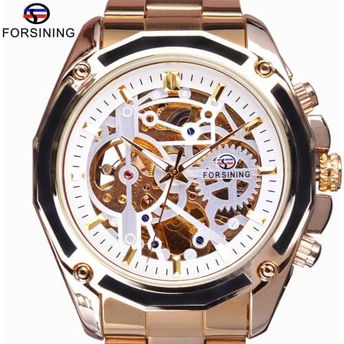 Forsining Steampunk Movement Design Transparent Golden Stainless Steel Men Skeleteton Watches Top Brand Luxury Automatic Watch