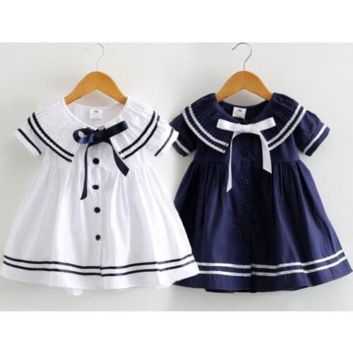 2021 Summer 2 3 4 6 8 10T Years Children Cute Short Sleeve Botton Bow Sailor Collar Patchwork Little Kids Navy Blue Girls Dress