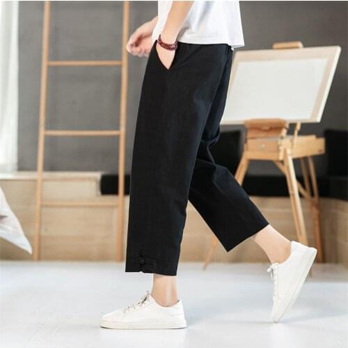 Men Pants Cotton Linen Drawstring Ankle-Length Pants solid Soft Home Mens Trousers Fashion Pants Plus Size Size M-8XL