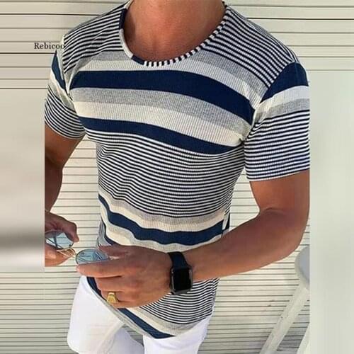 Casual Short Sleeve Mens Knitted Sweater Pullover Summer Fashion O-Neck Striped Printed Tops Slim Male Clothing Streetwear