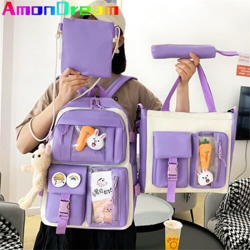 4 Pcs Sets Canvas Childrens School Backpack Kawaii Womens Backpack Bookbag Kids Shoulder Bags for Teens Girls Mochilas 2021
