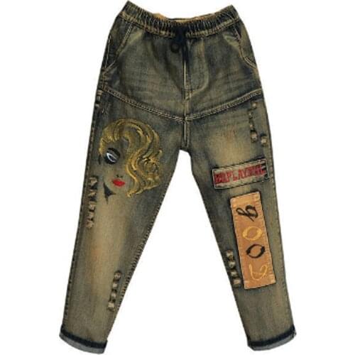 2021 autumn New Jeans Womens Elastic High Waist Embroidery Retro Distressed Loose Plus Size Harlan Pants Female Denim Pants W45