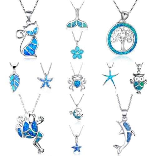 New Fashion Animal Necklaces & Pendants Blue Fire Opal Leaf Flower Starfish Cat Dolphin Pendant Necklace Jewelry For Women Girls