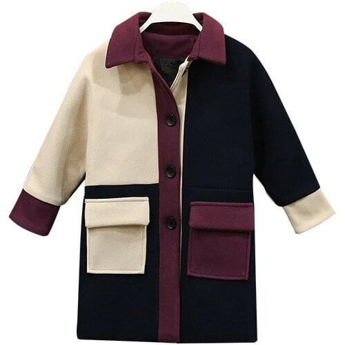 Girls Coat Patchwork Wool Coat for Girl Single-breasted Overcoat Autumn Jacket Winter Casual Clothes Girls Jacket 4-14 Year Old