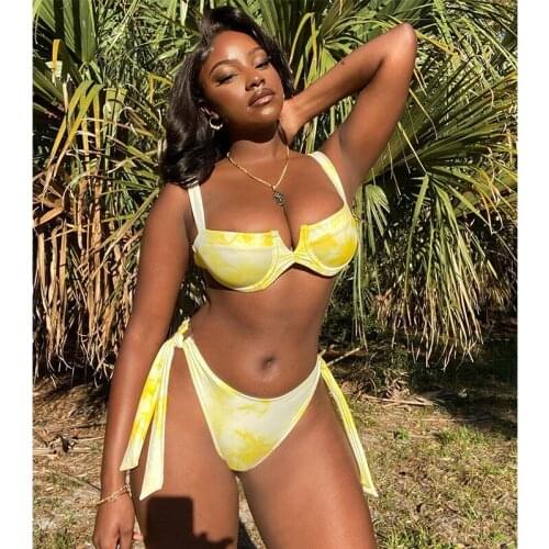 Sexy Tie Dye Gradient Bikini Women High Cut V Bra Underwire Swimsuit Summer Bandage Bathers Bathing Suit Swimwear Biquini