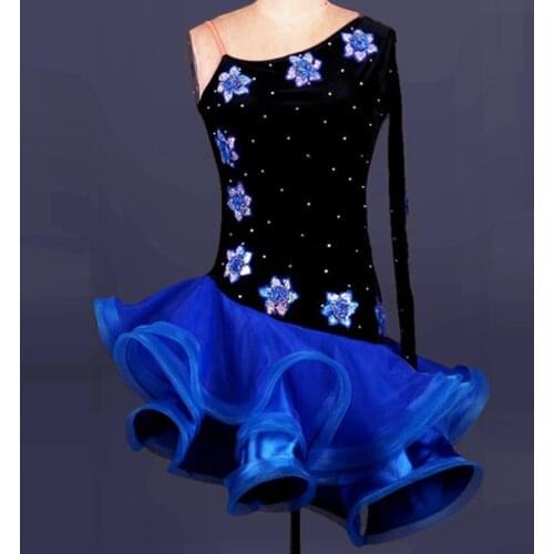 One sleeve royal blue match black flower rhinestone latin Rumba cha cha salsa tango vestido latino competition dress S-XXXL